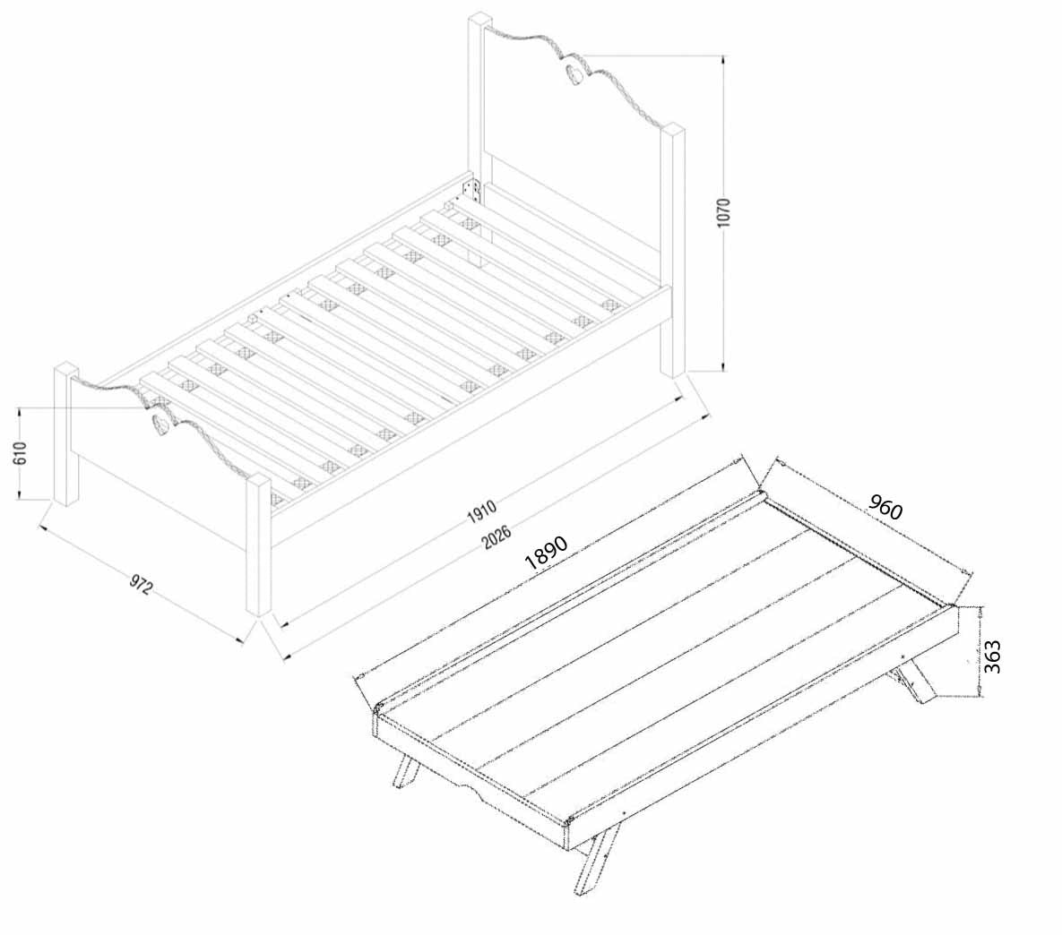 tech drawing holly single bed with pop up trundle