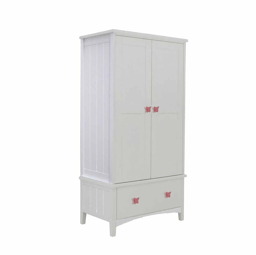 Nevis Wooden white double wardrobe pink butterfly handles