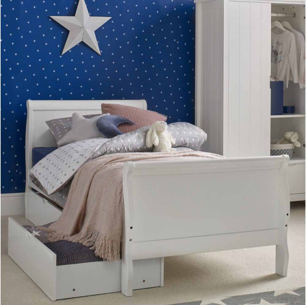 Nevis White Single Bed With small storage drawers