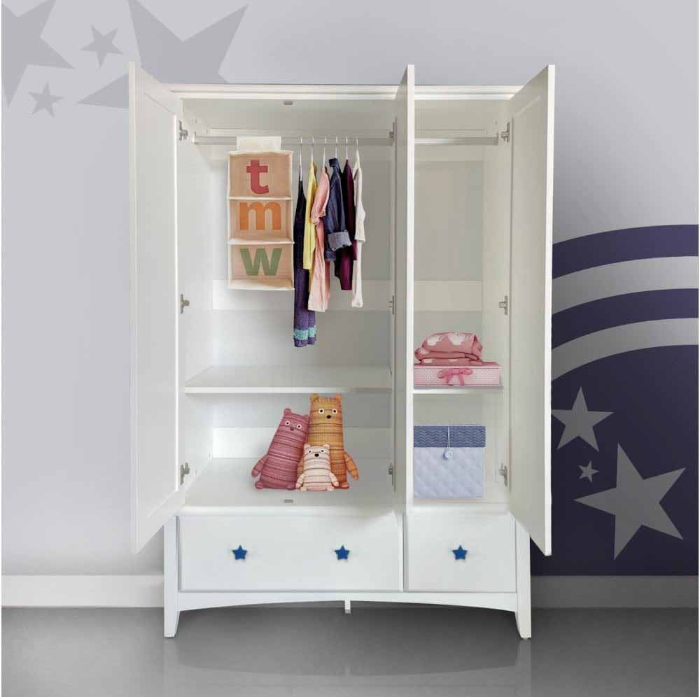 kids wardrobe three door drawers white blue star handle
